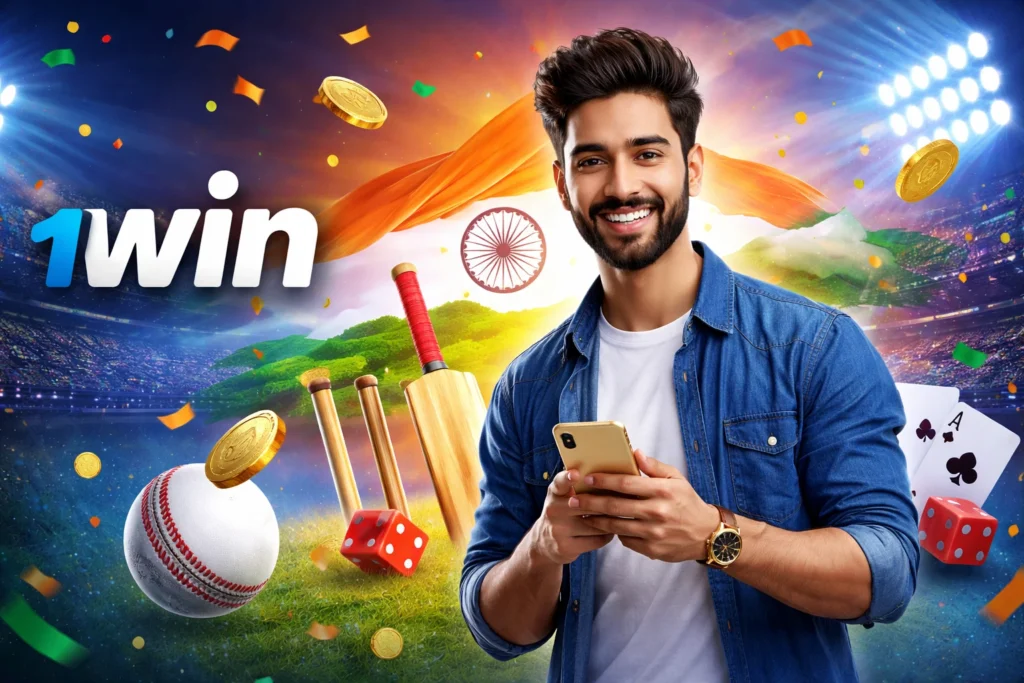 Energetic promotional banner for 1win India showing a happy young Indian man in blue denim shirt smiling and holding a smartphone, surrounded by floating gold coins, cricket bat, red cricket ball, colorful confetti, stadium floodlights, Indian flag-inspired background, and the large glowing '1win INDIA' logo in blue and yellow