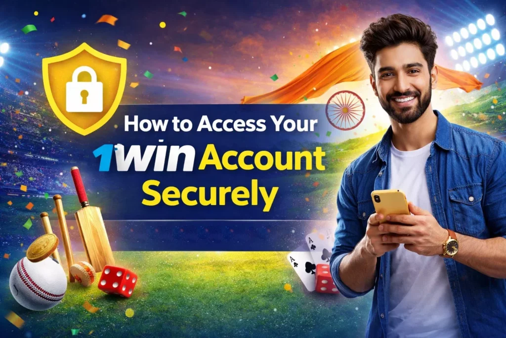 1win India security-focused advertisement featuring a smiling young man in denim shirt holding a smartphone, with a large golden shield and padlock icon symbolizing account security, surrounded by cricket bat, ball, red dice, playing cards (ace of clubs and ace of spades), gold coins, stadium lights, and bold text overlay: 'How to Access Your 1win Account Securely' against an orange-green stadium and Indian flag-themed background